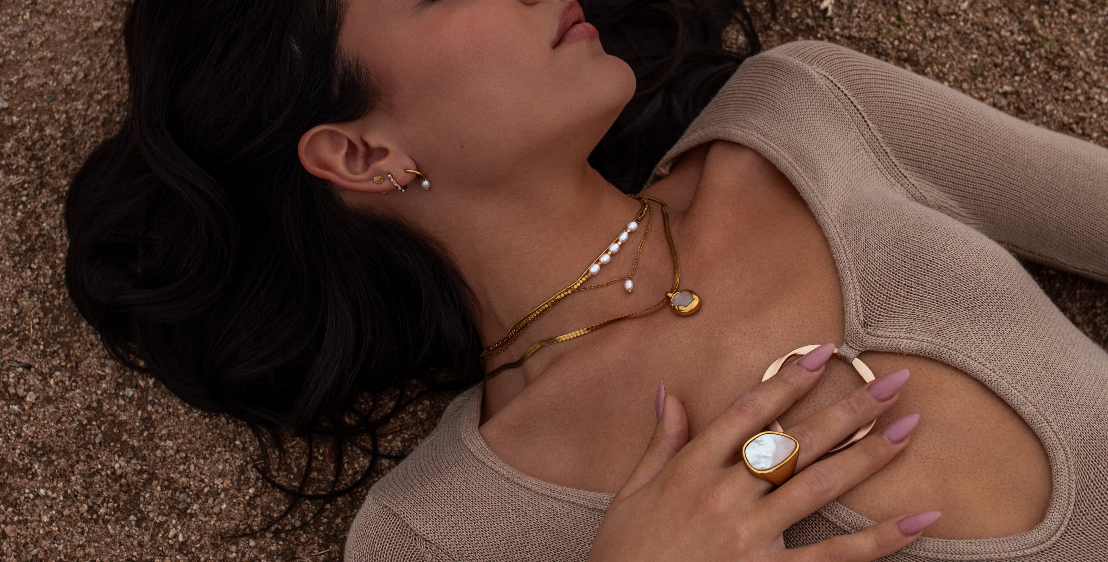 Spring gold pearl jewelry essentials styled for beach and vacation wear by ALCO